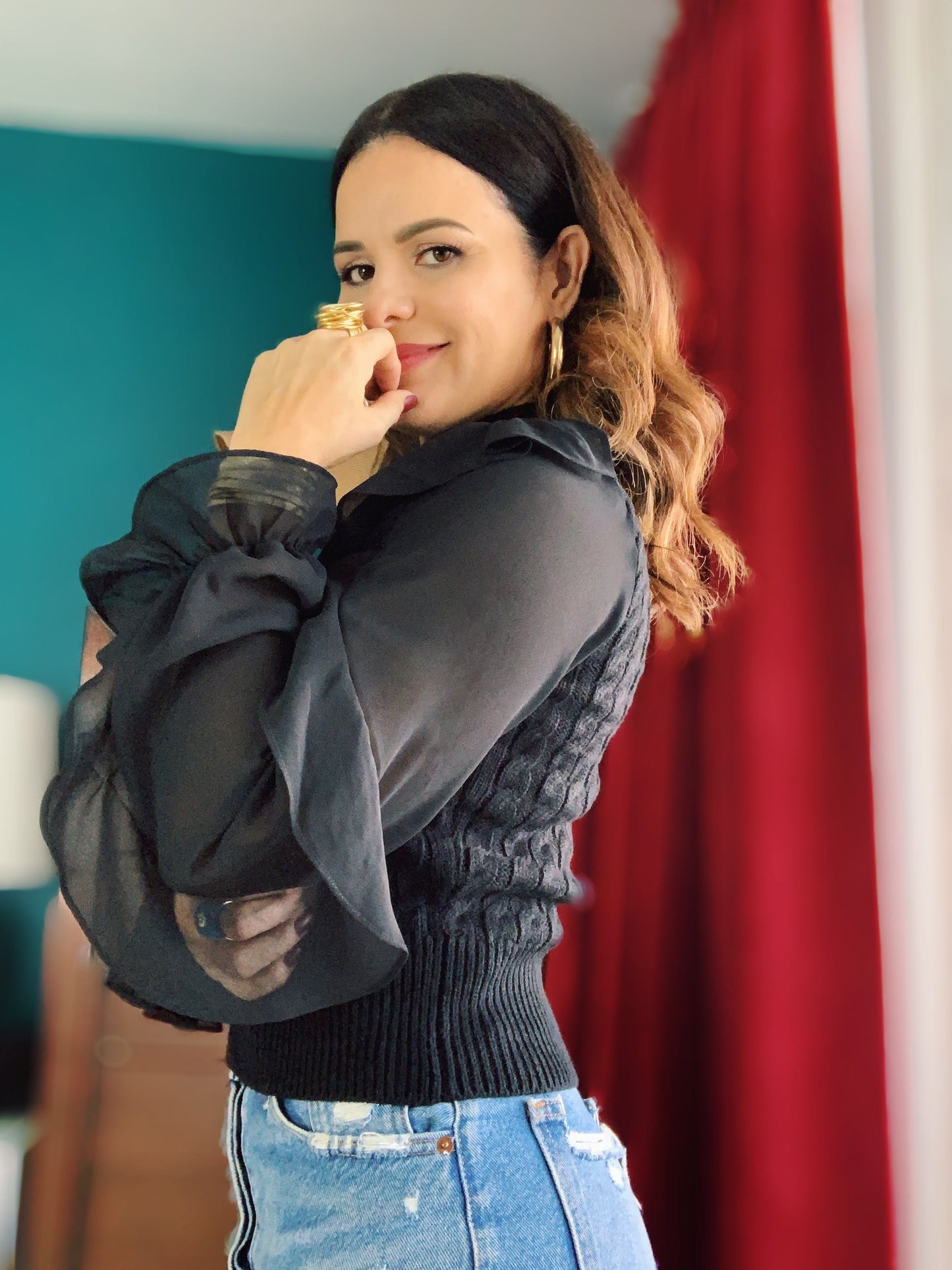 Ruffled sleeve details black sweater