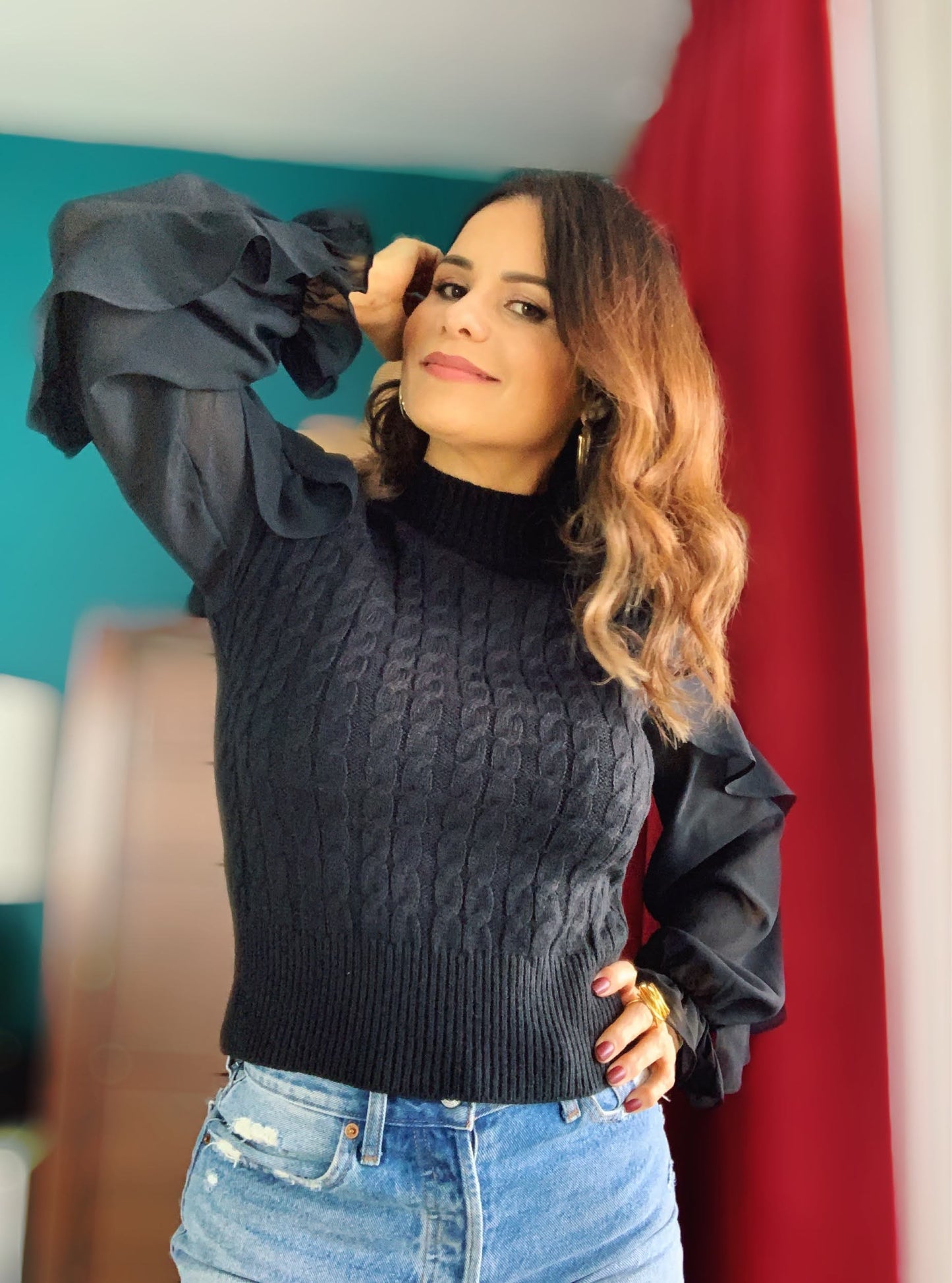 Ruffled sleeve details black sweater