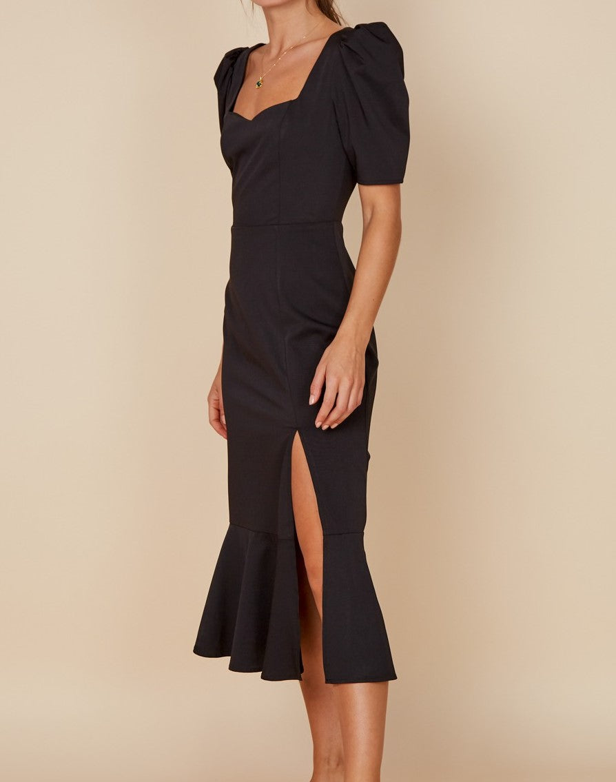 Black puff sleeve slit midi dress