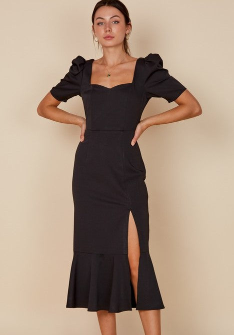 Black puff sleeve slit midi dress