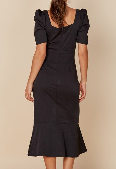 Black puff sleeve slit midi dress