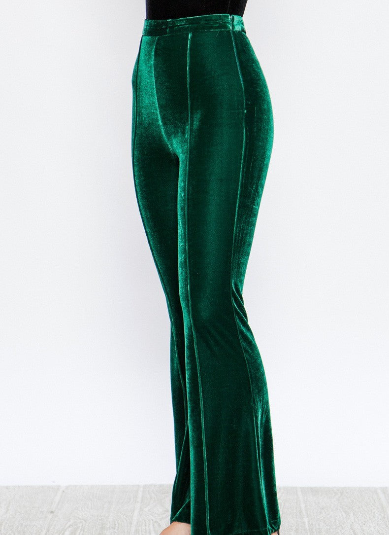 Green velvet flared bellbottoms pants