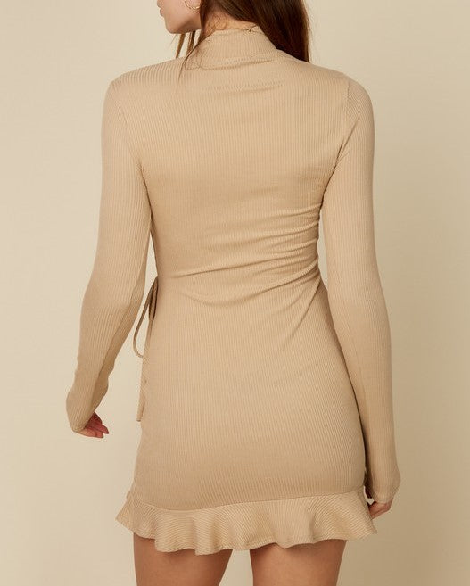 long sleeve mini nude dress