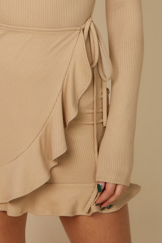 long sleeve mini nude dress