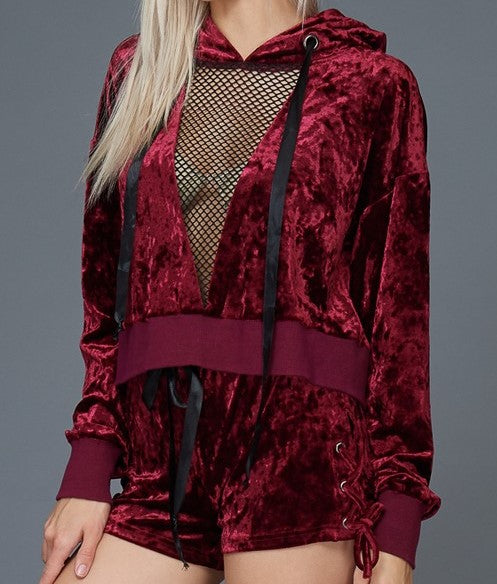 Set of wine velvet hoodie with shorts